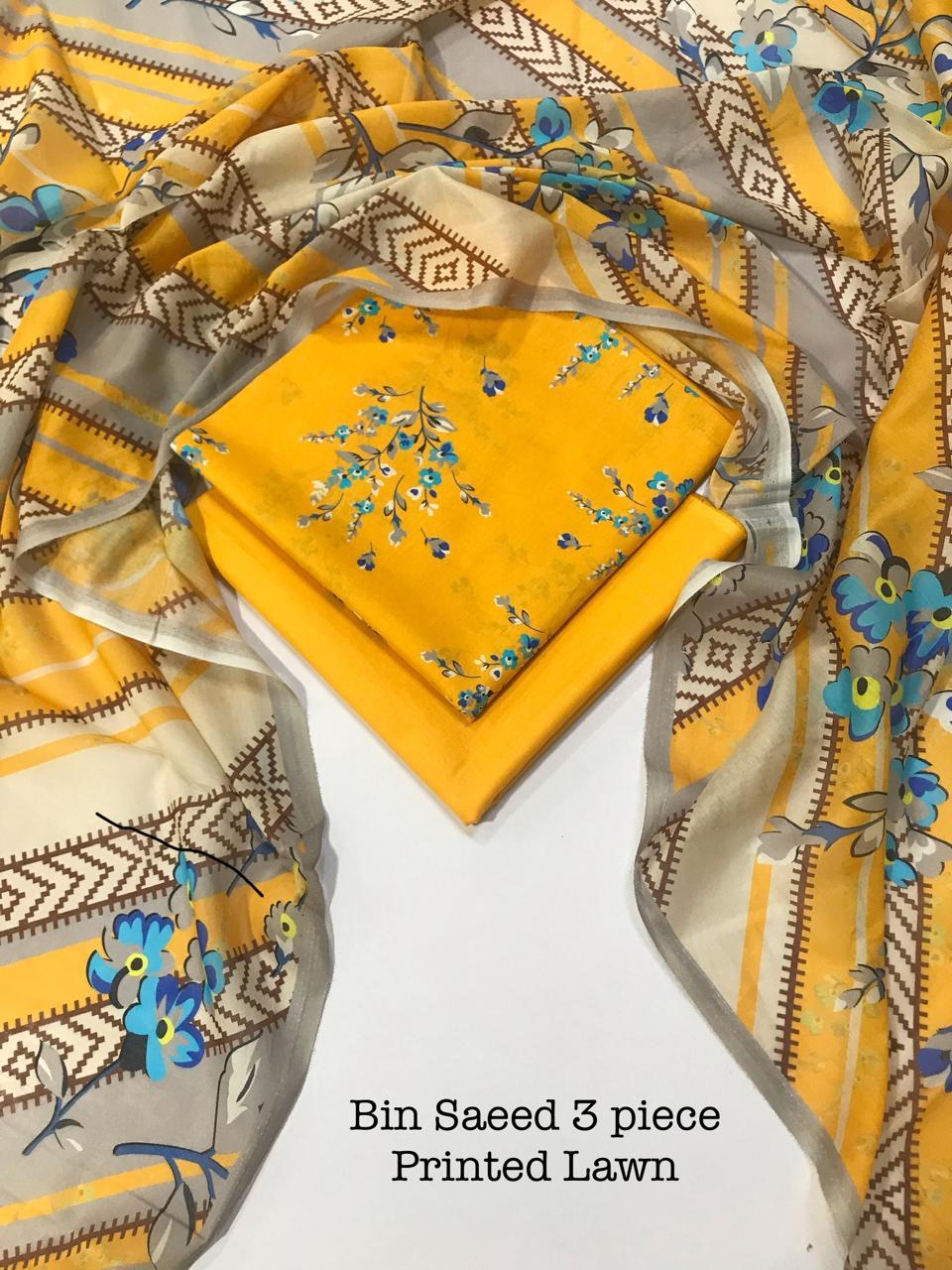 Bin Saeed Printed Lawn 3-Piece Collection 2025 β Premium Voil Dupatta & Dyed Trouser