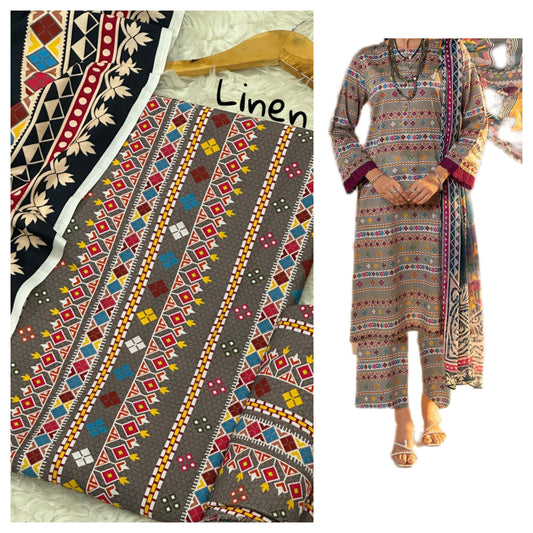 Premium Digital Linen 3-Piece Suit | Digital Printed Shirt, Trouser & Linen Dupatta