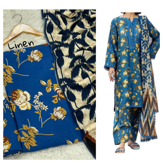 Fine Quality Digital Linen 3-Piece Suit | Digital Printed Shirt, Trouser & Linen Dupatta