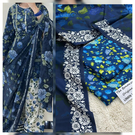 Printed Linen 3 Piece Suit | Allover Shirt, Dupatta & Trouser | Premium Winter Collection 2025