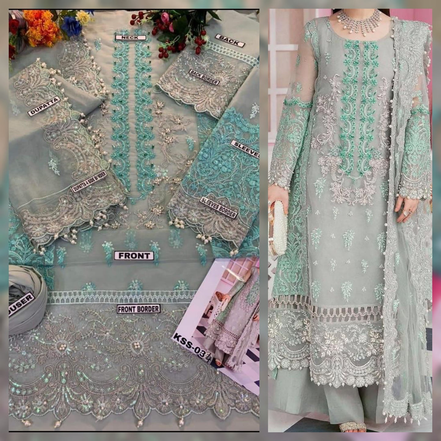 Luxury Organza Embroidered Suit with Stones & Tassels – Waffaa Store