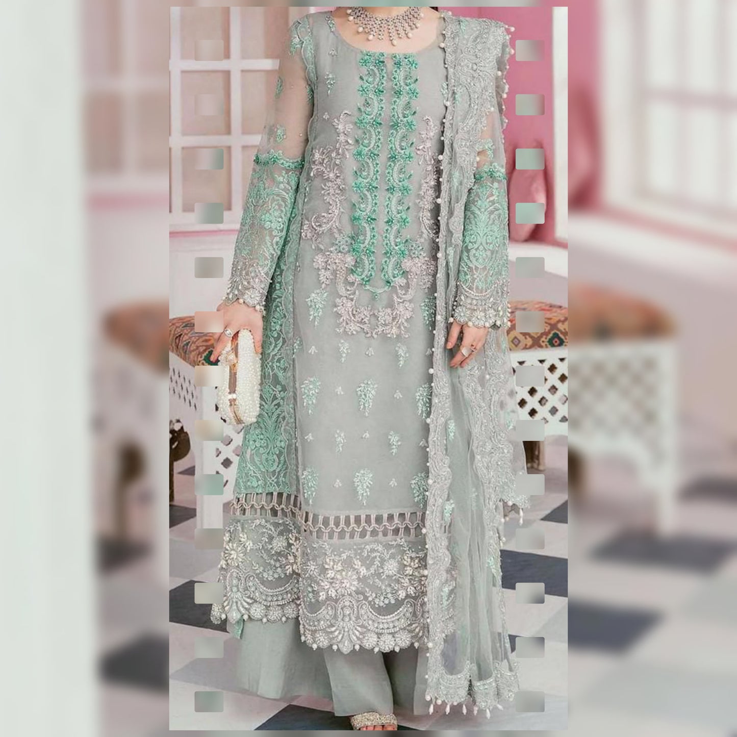 Luxury Organza Embroidered Suit with Stones & Tassels – Waffaa Store