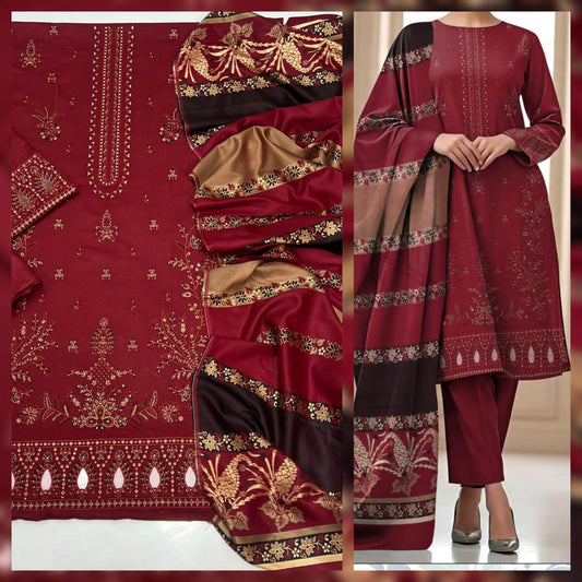 Original Dhanak 3pc Embroidered Suit – Winter Collection 2025 | Fancy Rangoli Jacquard Wool Shawl | Waffaa Exclusive