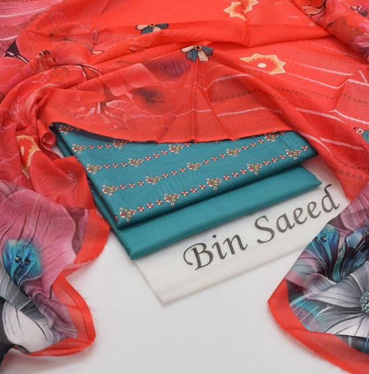 Bin Saeed Printed Lawn 3-Piece Collection 2025 – Premium Voil Dupatta & Dyed Trouser
