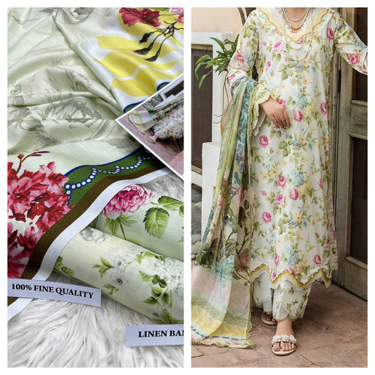 Airjet Bana Doria Slub Linen Digital Print 3-Piece Suit – Volume | Waffaa Store