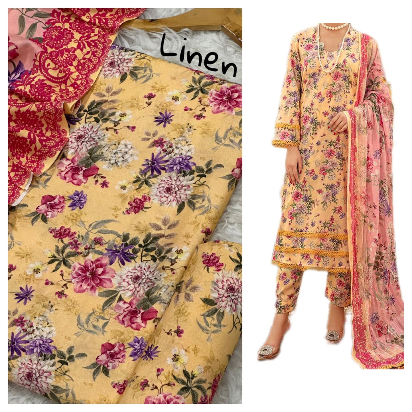 Premium Digital Linen 3-Piece Suit | Digital Printed Shirt, Trouser & Linen Dupatta