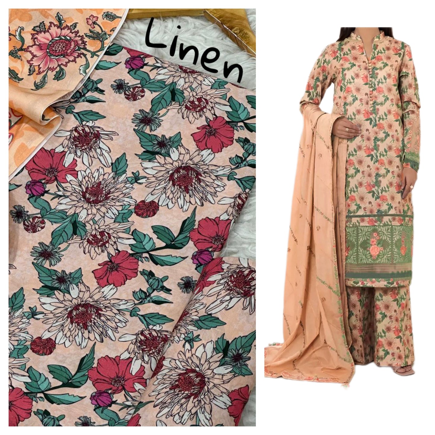 Premium Digital Linen 3-Piece Suit | Digital Printed Shirt, Trouser & Linen Dupatta