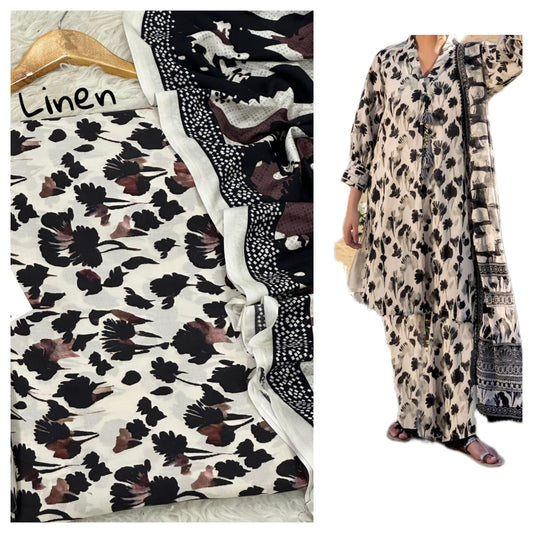 Fine Quality Digital Linen 3-Piece Suit | Digital Printed Shirt, Trouser & Linen Dupatta