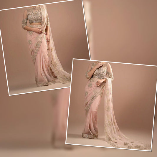 Luxury Light Peach Heavy Embroidered Net Saree | Wedding & Party Wear Masterpiece 2025
