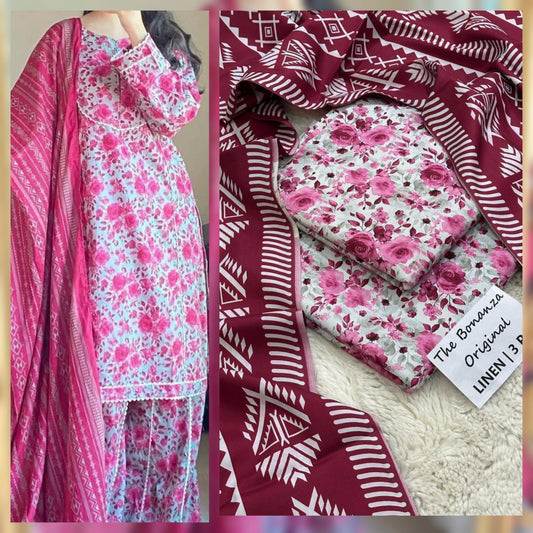 Printed Linen 3 Piece Suit | Allover Shirt, Dupatta & Trouser | Premium Winter Collection 2025