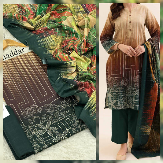 Digital Printed Khaddar 3 Piece Suit with Shawl | Fine Quality Winter Collection 2025 – Waffaa Store