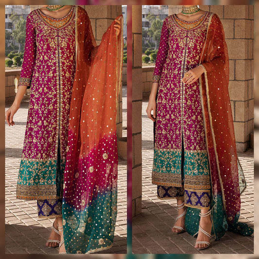 Luxury Wedding Wear | Chiffon Hand Embroidered 3PC Suit with Silk Trouser