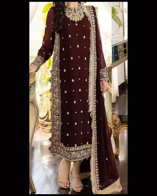 Luxury Chiffon Embroidered 3PC Suit | Heavy Dupatta & Silk Trouser – Waffaa Store Premium Collection