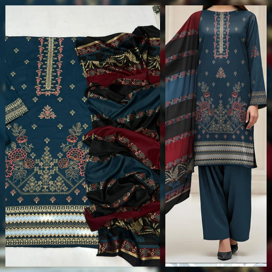 Original Dhanak 3pc Embroidered Suit – Winter Collection 2025 | Fancy Rangoli Jacquard Wool Shawl | Waffaa Exclusive