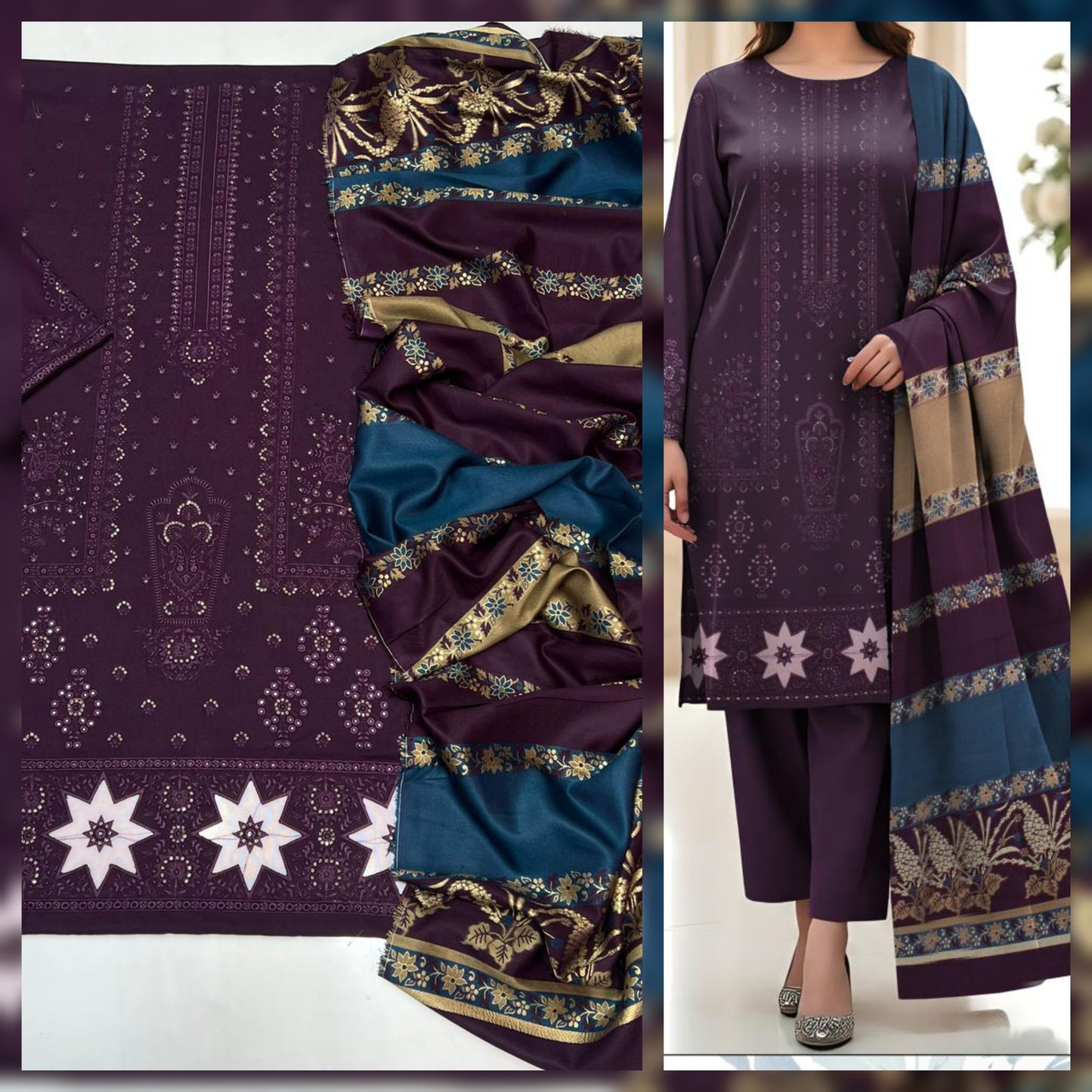 Original Dhanak 3pc Embroidered Suit – Winter Collection 2025 | Fancy Rangoli Jacquard Wool Shawl | Waffaa Exclusive