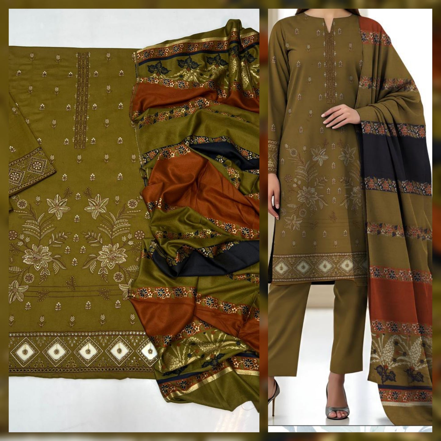 Original Dhanak 3pc Embroidered Suit – Winter Collection 2025 | Fancy Rangoli Jacquard Wool Shawl | Waffaa Exclusive